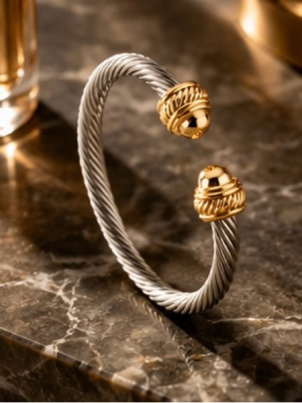 Luxury Two-Tone Cable Cuff Bracelet • Gold & Silver Stainless Steel Bangle
